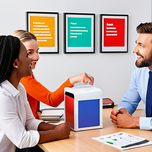 **

Prompt: Diverse employees sharing ideas freely in a modern office. Focus on a safe and trusting environment. Include elements like suggestion boxes and online forums. Emphasize open communication and collaboration. (Style: Clean, modern, bright colors).

**
