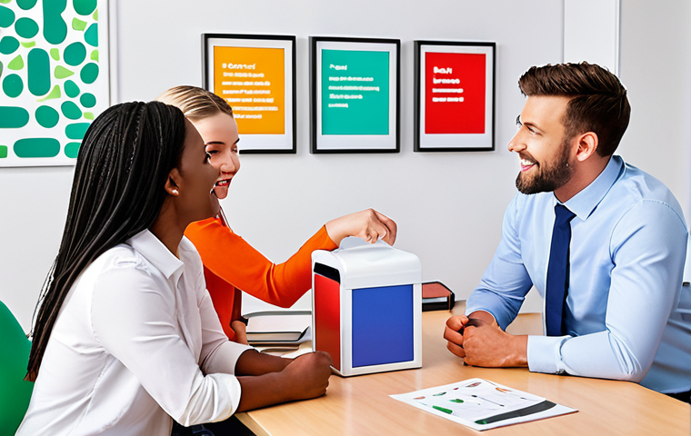 **

Prompt: Diverse employees sharing ideas freely in a modern office. Focus on a safe and trusting environment. Include elements like suggestion boxes and online forums. Emphasize open communication and collaboration. (Style: Clean, modern, bright colors).

**