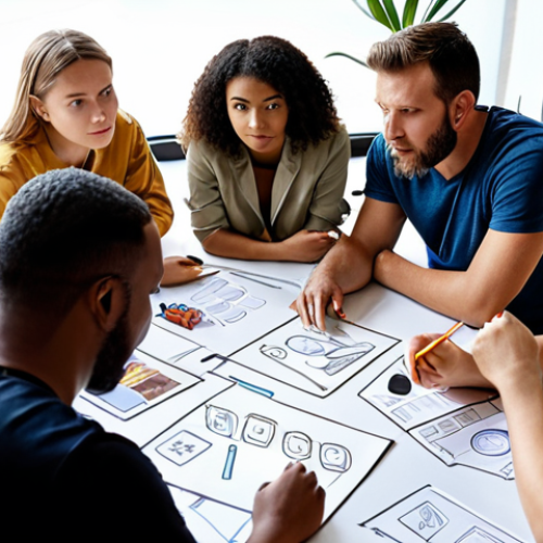 ** A diverse team participating in a "creative marathon" workshop, brainstorming innovative ideas for a new product or service. Focus on energetic collaboration and idea generation.

**