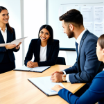 A diverse group of business professionals, male and female, of various ethnicities, in a modern, collaborative office space. All individuals are fully clothed in professional, modest business attire, appropriate for a corporate setting. They are engaged in an open discussion around a large table, with visible whiteboards displaying innovative ideas, conveying a strong sense of psychological safety and shared purpose. The environment is bright and welcoming with ample natural light. safe for work, appropriate content, fully clothed, professional dress, perfect anatomy, correct proportions, natural pose, well-formed hands, proper finger count, natural body proportions, high-quality photography, sharp focus.