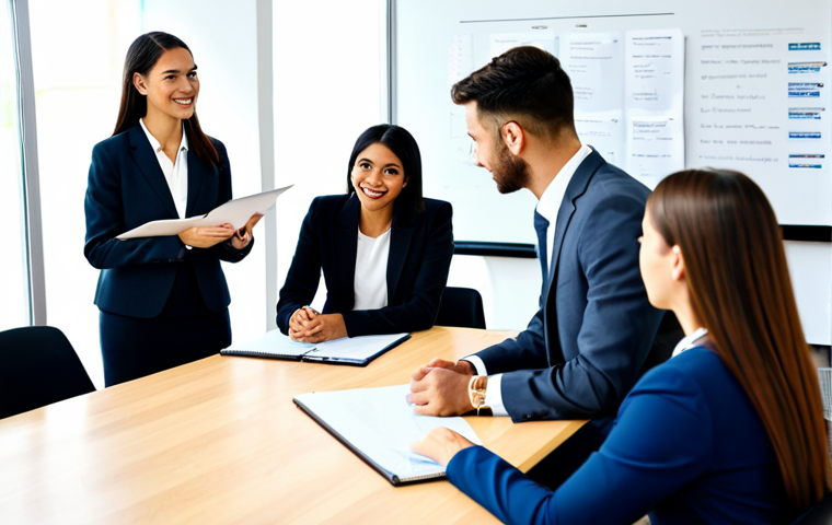 A diverse group of business professionals, male and female, of various ethnicities, in a modern, collaborative office space. All individuals are fully clothed in professional, modest business attire, appropriate for a corporate setting. They are engaged in an open discussion around a large table, with visible whiteboards displaying innovative ideas, conveying a strong sense of psychological safety and shared purpose. The environment is bright and welcoming with ample natural light. safe for work, appropriate content, fully clothed, professional dress, perfect anatomy, correct proportions, natural pose, well-formed hands, proper finger count, natural body proportions, high-quality photography, sharp focus.