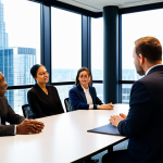 A diverse group of adult professionals, including men and women of various ethnicities and ages, fully clothed in modest, professional business attire, are actively collaborating around a sleek, modern conference table. They are engaged in an open and animated discussion, with some gesturing thoughtfully and others listening intently, all conveying expressions of focus and mutual respect. The atmosphere is clearly one of psychological safety and trust. The setting is a bright, contemporary office space featuring large windows overlooking a city skyline, reflecting a forward-thinking work environment. Professional photography, high quality, realistic, sharp focus, vibrant colors, perfect anatomy, correct proportions, natural pose, well-formed hands, proper finger count, natural body proportions, safe for work, appropriate content, fully clothed, professional.